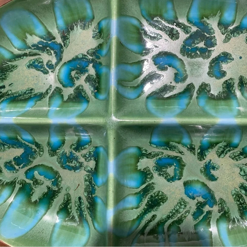 Vintage Treasure Craft Fish Serving Platter Divided 390 Tiki Green Made In USA